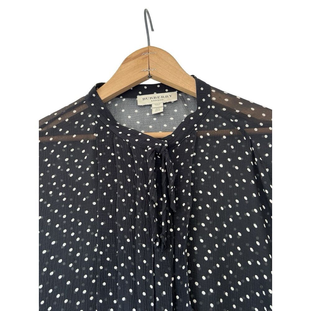 Burberry Crepe Tuxedo Blouse Black White Polka Dots US Sz 14 Tassel Sheer Goth